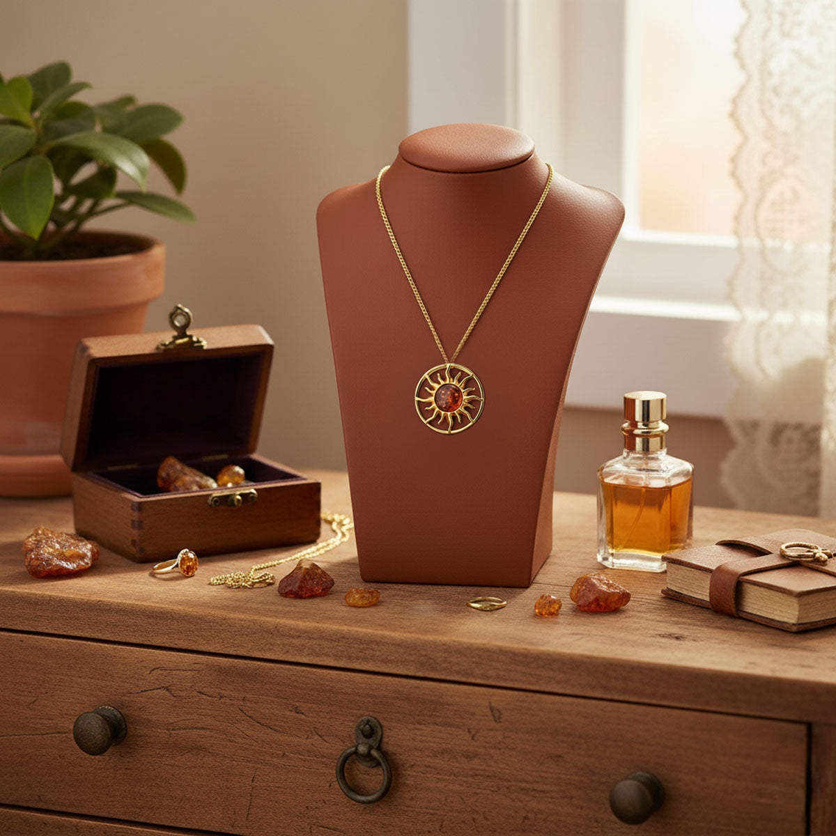 Kullattu Aurinko hopeakaulakoru meripihkalla