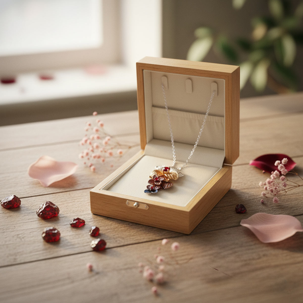 Blossom Tales hopeakaulakoru pöydällä