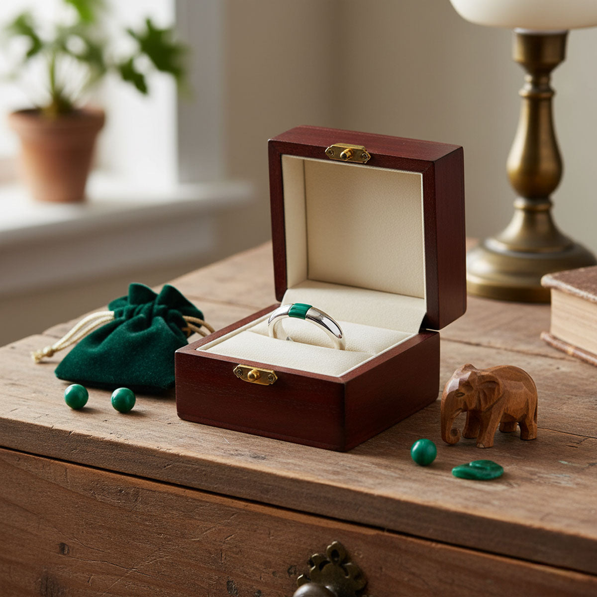 Silver malachite ring