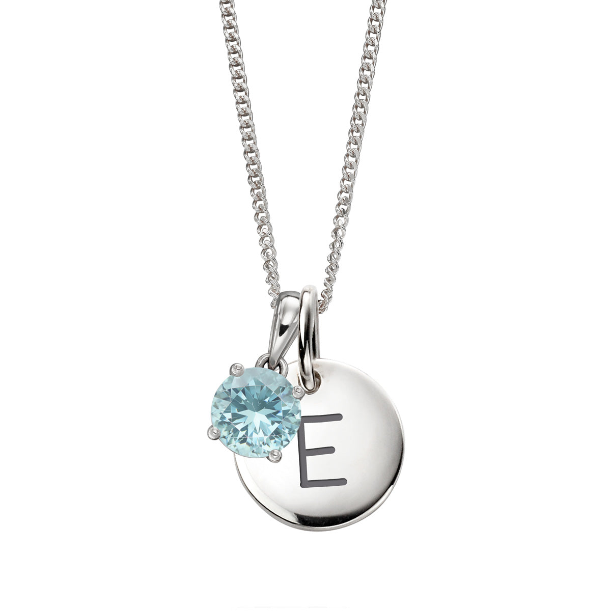 Hopeinen akvamariini syntymäkivi ja kirjain tägi