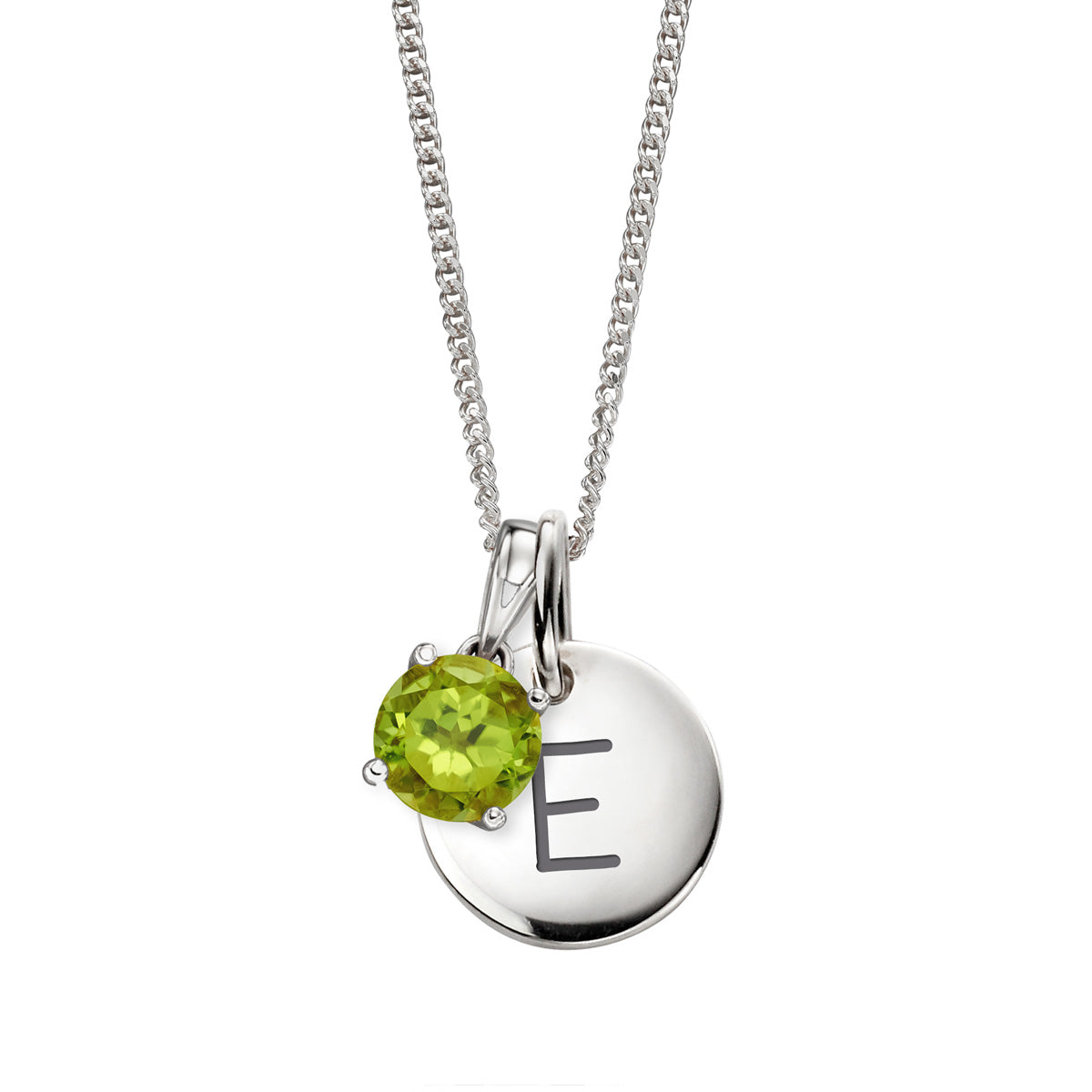 Hopeinen syntymäkivi peridootti ja kirjain tägi