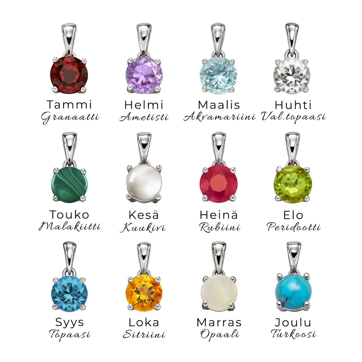 Hopeiset syntymäkivi riipukset aidoilla kivillä | Taika-korut