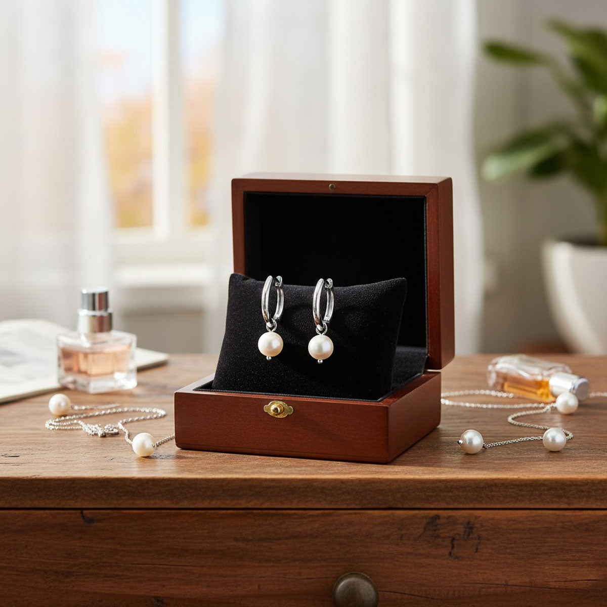 Hopeiset helmikorvarenkaat pöydällä