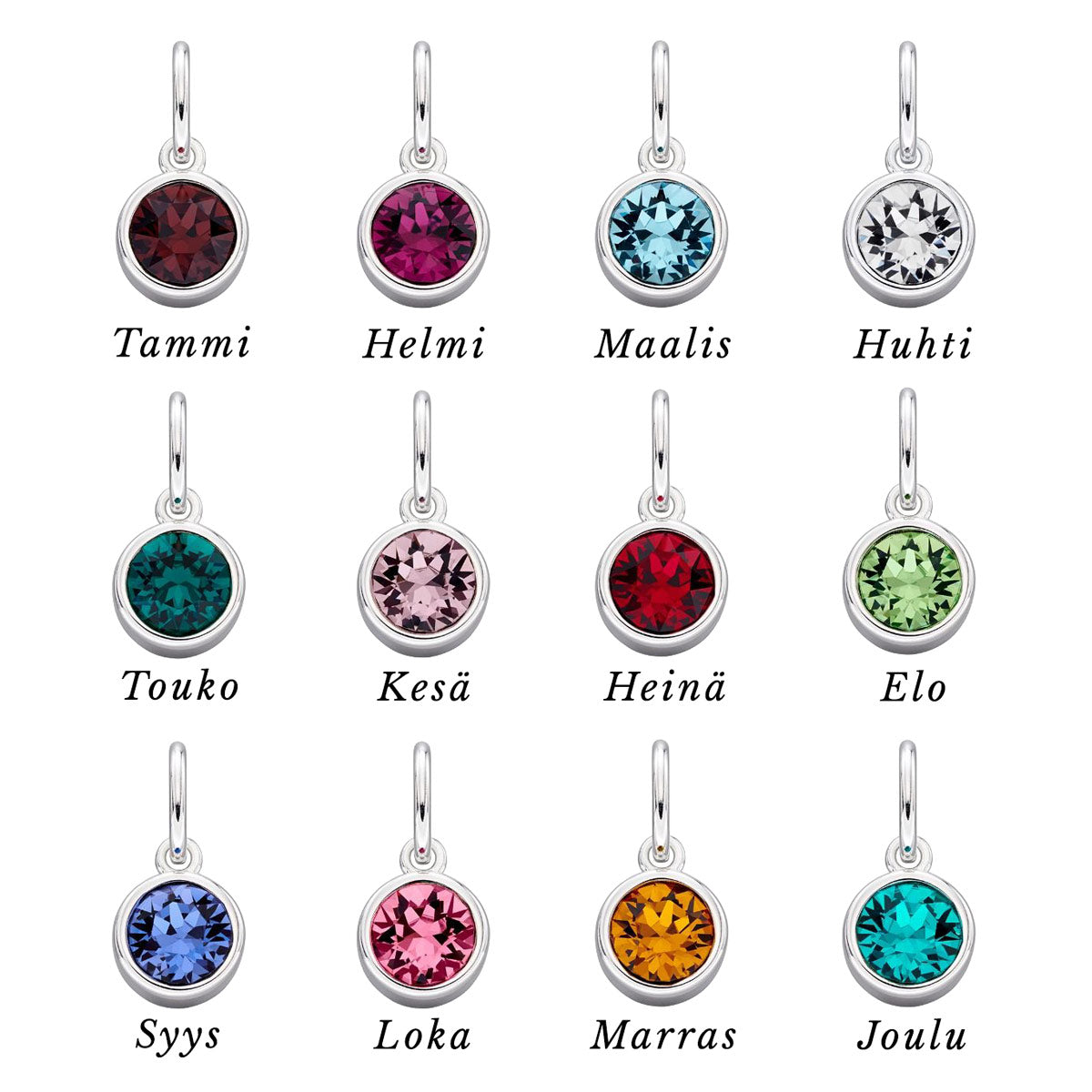 Hopeiset syntymäkivi riipukset kokoelma tammikuu - joulukuu | Taika-korut