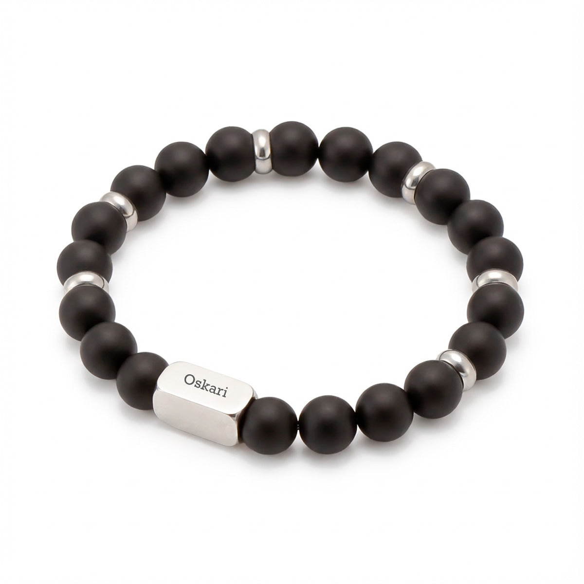 Musta agaatti rannekoru omalla tekstillä