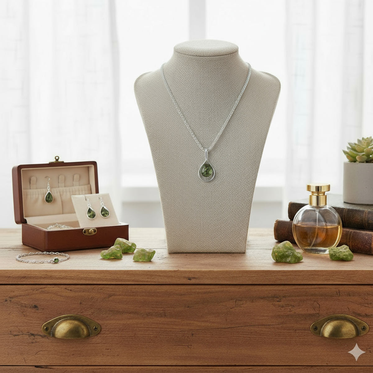 Vihreä meripihka kaulakoru pöydällä