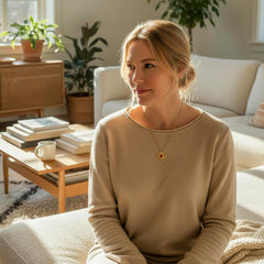 Kullattu aurinko kaulakoru mallin päällä