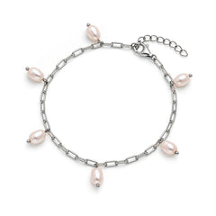 Silver paperclip bracelet with six pearl charms