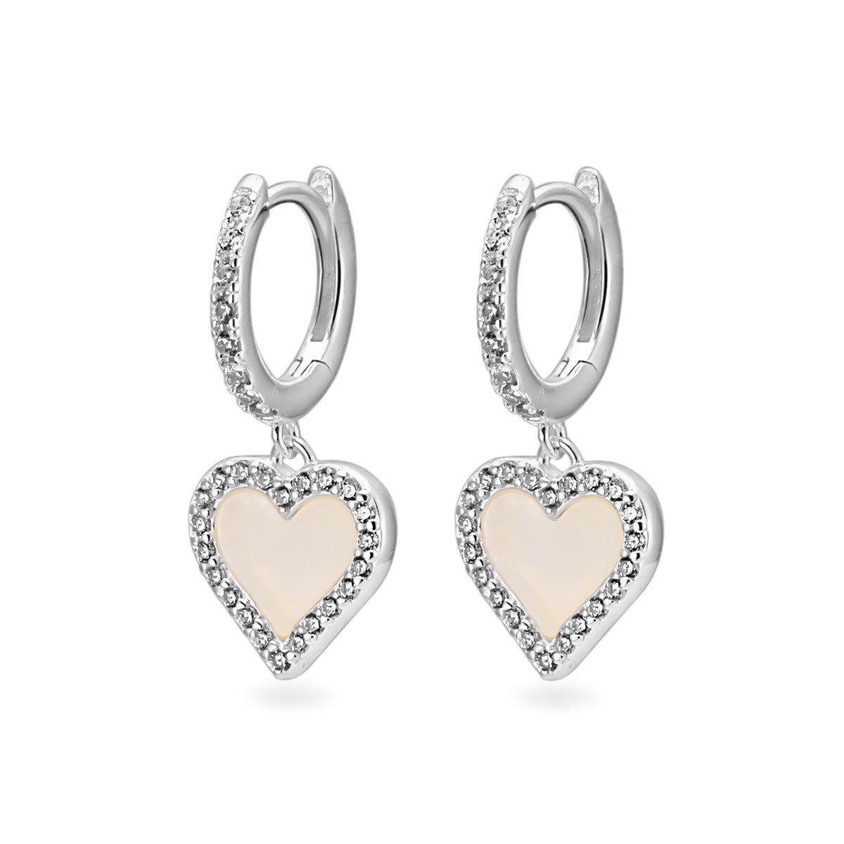 Silver heart earrings with mother-of-pearl