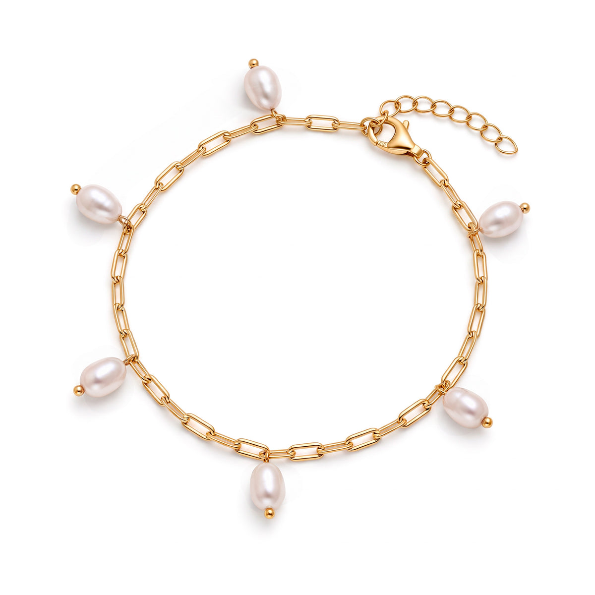 Gold plated silver paperclip bracelet with six pearl charms