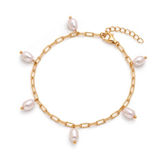 Gold plated silver paperclip bracelet with six pearl charms