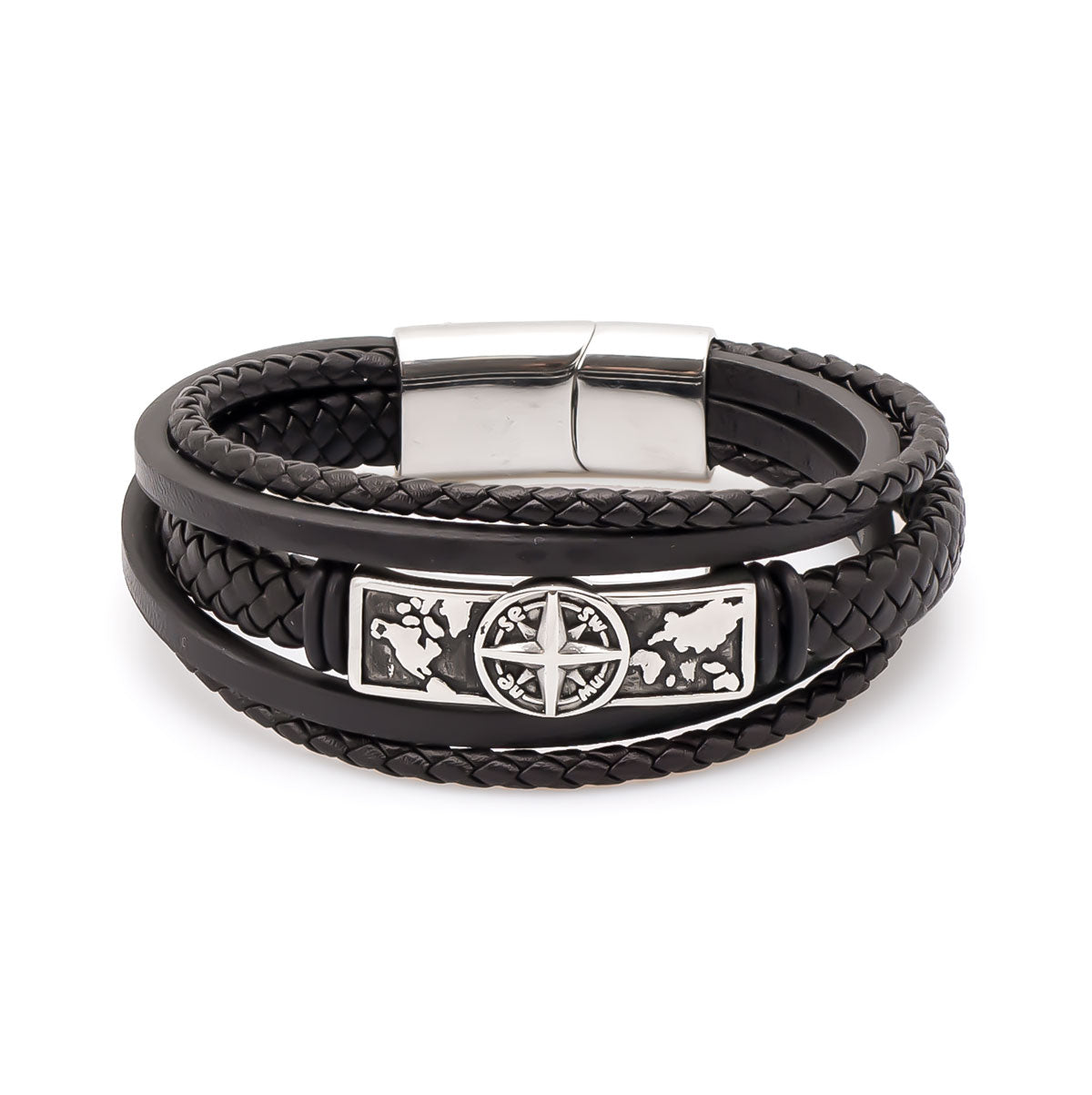 Men's Black Compass Leather Bracelet