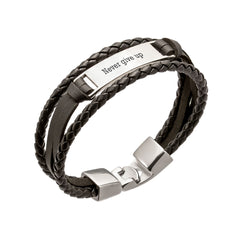 Musta nahkarannekoru kaiverrettavalla tekstillä