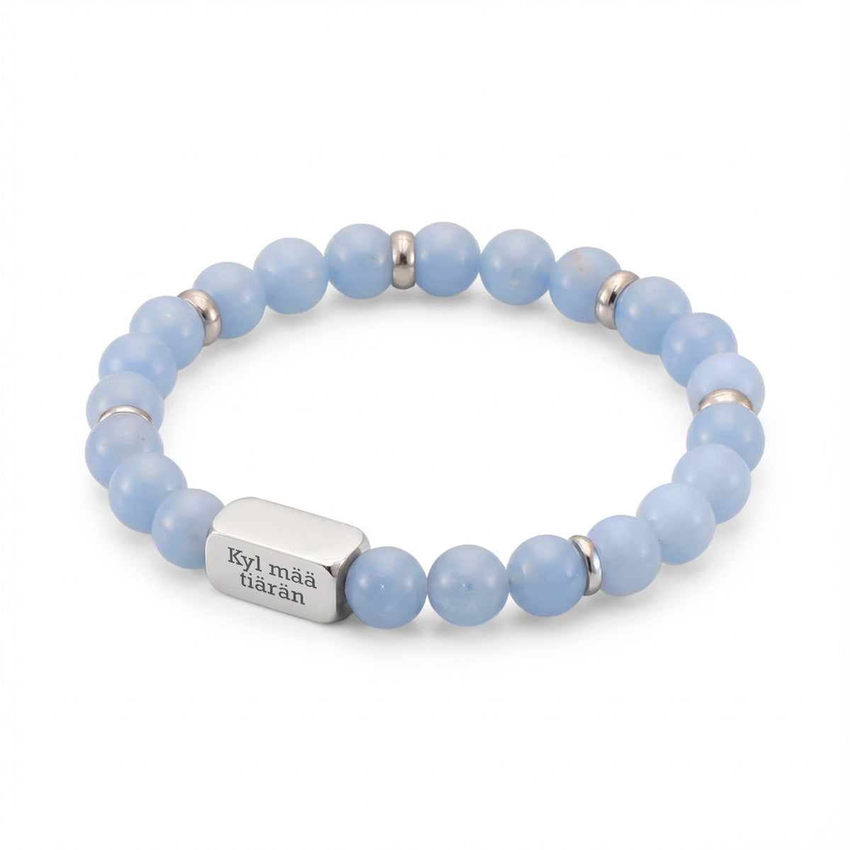Sininen angeliitti rannekoru omalla tekstillä | Taika-korut